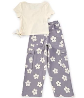 Tween Diva Big Girls 7-12 Short Sleeve Rib-Knit T-Shirt & Flower-Printed Twill Cargo Pants Set