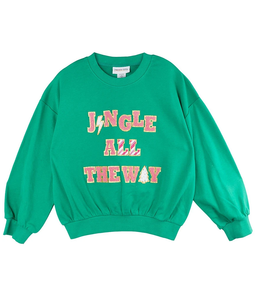 Tween Diva Big Girls 7-16 Long Sleeve Jingle All The Way Appliqued Fleece Sweatshirt