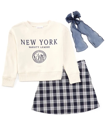 Tween Diva Big Girls 7-16 Long Sleeve New York Fleece Sweatshirt & Plaid Knit Skirt Set