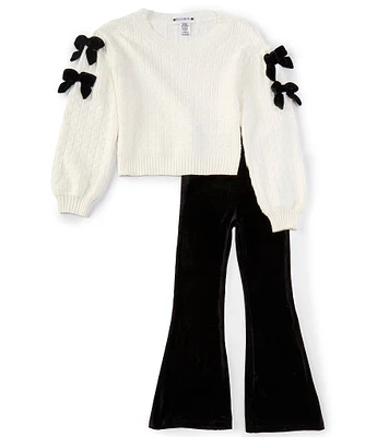 Tween Diva Big Girls 7-16 Raglan-Sleeve Bow-Accented Knit Sweater & Velvet Bell-Bottom Pant Set