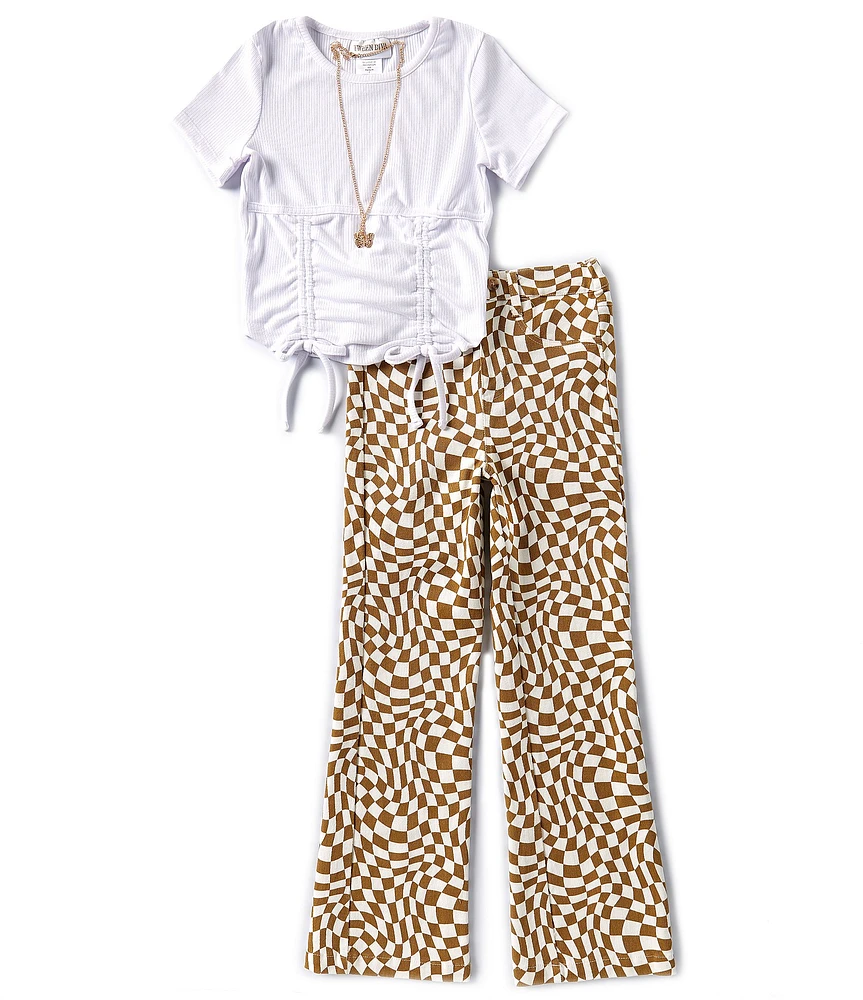 Tween Diva Big Girls 7-16 Short Sleeve Ruched Rib-Knit T-Shirt & Checkered Flare Leg Twill Pant Set