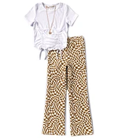 Tween Diva Big Girls 7-16 Short Sleeve Ruched Rib-Knit T-Shirt & Checkered Flare Leg Twill Pant Set