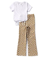 Tween Diva Big Girls 7-16 Short Sleeve Ruched Rib-Knit T-Shirt & Checkered Flare Leg Twill Pant Set