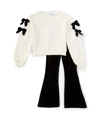 Tween Diva Little Girls 2T-6X Raglan-Sleeve Bow-Accented Knit Sweater & Bell-Bottom Velvet Pants Set