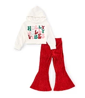 Tween Diva Little Girls 4-6X Long Sleeve Holly Jolly Vibes Hoodie & Textured Velvet Flare-Leg Pant Set