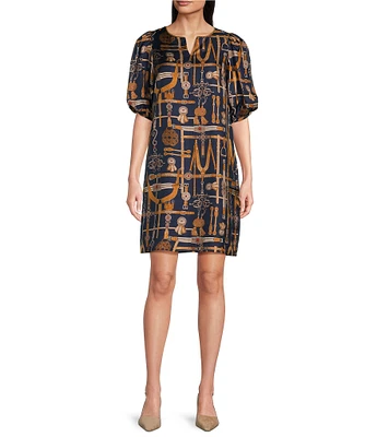 Tyler Boe Audrey Silk Equestrian Status Print Split Round Neck Short Puff Sleeve Dress