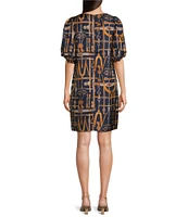 Tyler Boe Audrey Silk Equestrian Status Print Split Round Neck Short Puff Sleeve Dress