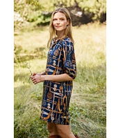 Tyler Boe Audrey Silk Equestrian Status Print Split Round Neck Short Puff Sleeve Dress