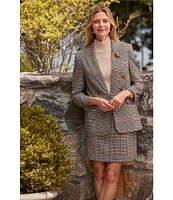 tyler boe Coordinating Blair Stretch Woven Buckingham Plaid Peak Lapel 3/4 Ruched Sleeve Double Breasted Jacket