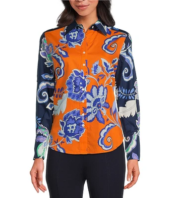 tyler boe Chloe Silk Abstract Floral Print Collar Neck Long Sleeve Shirt