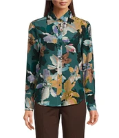 tyler boe Chloe Silk Watercolor Floral Print Point Collar Long Sleeve Button Front Shirt