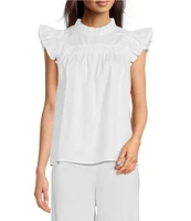 tyler boe Eloise Woven Round Ruffle Neck Pleated Ruffle Cap Sleeve Top