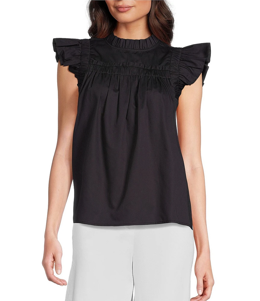 tyler boe Eloise Woven Round Ruffle Neck Pleated Ruffle Cap Sleeve Top