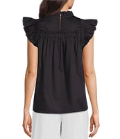 tyler boe Eloise Woven Round Ruffle Neck Pleated Ruffle Cap Sleeve Top