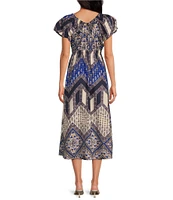 tyler boe Hailey Tapestry Foulard Print Scoop Neck Puff Cap Sleeve Empire Waist Midi A-Line Dress