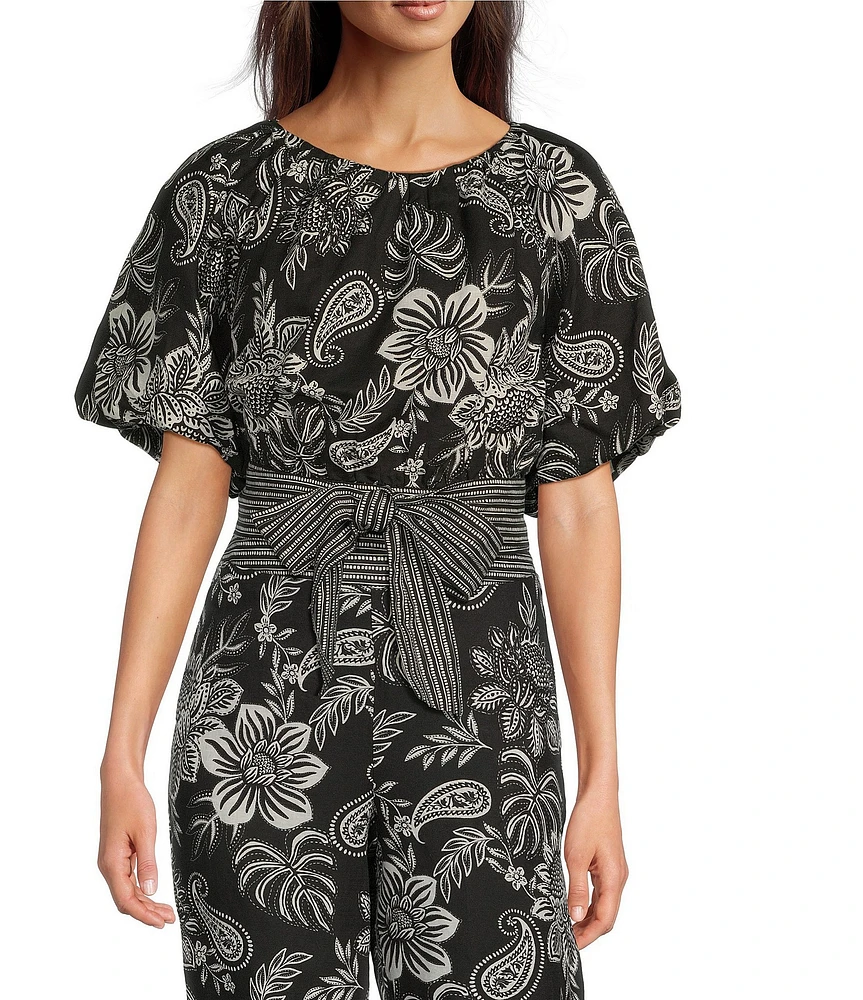 tyler boe Hannah Boat Neck Linen Blend Short Puff Sleeve Cropped Open Back Coordinating Top