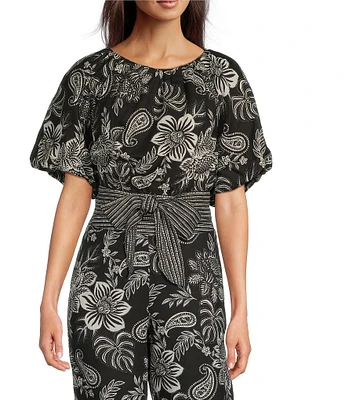 tyler boe Hannah Boat Neck Linen Blend Short Puff Sleeve Cropped Open Back Coordinating Top