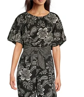 tyler boe Hannah Boat Neck Linen Blend Short Puff Sleeve Cropped Open Back Coordinating Top