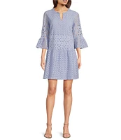 tyler boe Ingrid Eyelet Crew Neck Split V 3/4 Bell Sleeve Tiered Dress