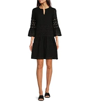 tyler boe Ingrid Eyelet Crew Neck Split V 3/4 Bell Sleeve Tiered Dress