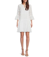 tyler boe Ingrid Eyelet Crew Neck Split V 3/4 Bell Sleeve Tiered Dress