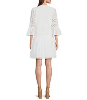 tyler boe Ingrid Eyelet Crew Neck Split V 3/4 Bell Sleeve Tiered Dress