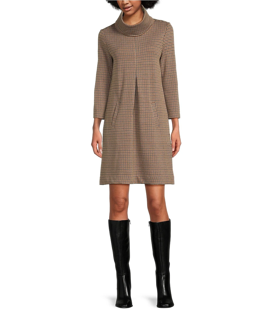 tyler boe Jacquard Woven Houndstooth Print Turtleneck 3/4 Sleeve Pocketed Wrinkle-Free Dress