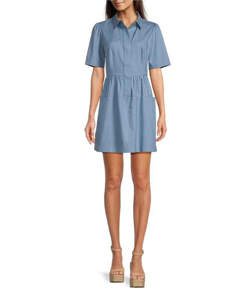 tyler boe Jordan Chambray Denim Point Collar Short Sleeve Cinched Waist Pocketed Shirt Dress