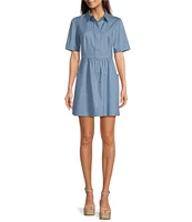 tyler boe Jordan Chambray Denim Point Collar Short Sleeve Cinched Waist Pocketed Shirt Dress