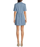 tyler boe Jordan Chambray Denim Point Collar Short Sleeve Cinched Waist Pocketed Shirt Dress