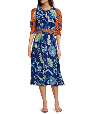 tyler boe Juliette Silk Mixed Floral Round Keyhole Neck Elbow Sleeve Midi Dress