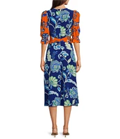 tyler boe Juliette Silk Mixed Floral Round Keyhole Neck Elbow Sleeve Midi Dress