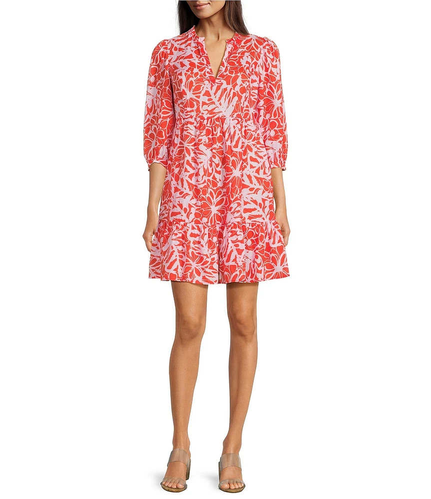 tyler boe Karli Linen Split V-Neck 3/4 Sleeve Tiered Dress