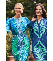 tyler boe Kelsey Printed Notch Neck Puff Shoulder Bracelet Sleeve Dress