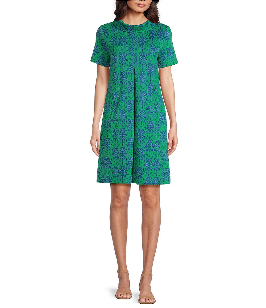 tyler boe Kristen Medallion Print Knit Jacquard Roll Collar Short Sleeve Front Pleat Dress