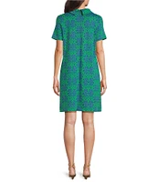 tyler boe Kristen Medallion Print Knit Jacquard Roll Collar Short Sleeve Front Pleat Dress