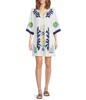 tyler boe Naomi Egret Print V-Neck Elbow Sleeve Caftan Dress