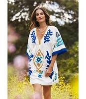 tyler boe Naomi Egret Print V-Neck Elbow Sleeve Caftan Dress