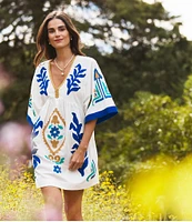 tyler boe Naomi Egret Print V-Neck Elbow Sleeve Caftan Dress