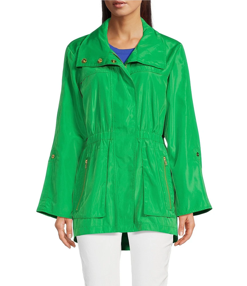 tyler boe Newport Stand Collar Long Roll Sleeve Zipper Detail Rain Slicker Jacket