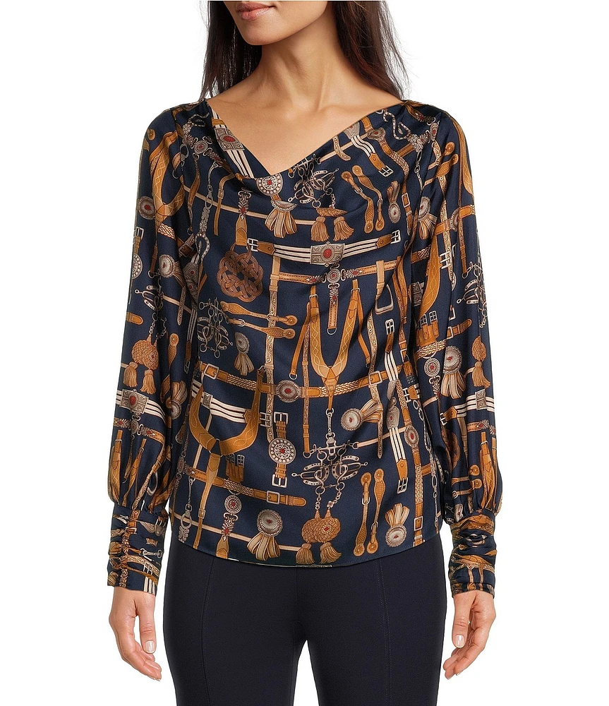 tyler boe Olivia Equestrian Silk Twill Printed Draped Cowl Neck Long Sleeve Blouse