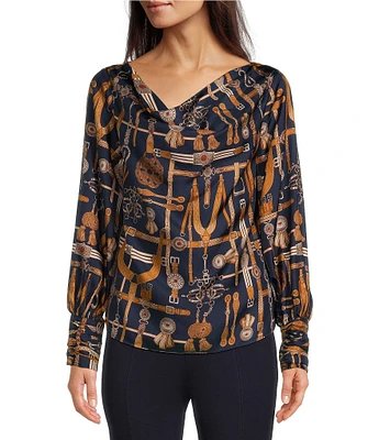 tyler boe Olivia Equestrian Silk Twill Printed Draped Cowl Neck Long Sleeve Blouse