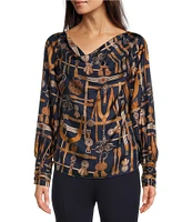 tyler boe Olivia Equestrian Silk Twill Printed Draped Cowl Neck Long Sleeve Blouse