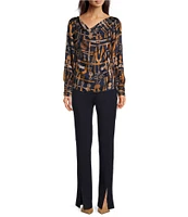 tyler boe Olivia Equestrian Silk Twill Printed Draped Cowl Neck Long Sleeve Blouse