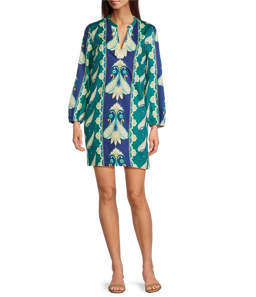tyler boe Paulie Cabana Foulard Print Split V-Neck Bracelet Sleeve Shift Dress