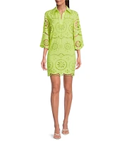 tyler boe Penny Eyelet Point Collar Split V-Neck 3/4 Bell Sleeve Scallop Dress
