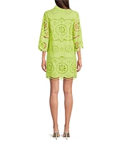 tyler boe Penny Eyelet Point Collar Split V-Neck 3/4 Bell Sleeve Scallop Dress