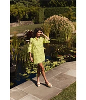 tyler boe Penny Eyelet Point Collar Split V-Neck 3/4 Bell Sleeve Scallop Dress