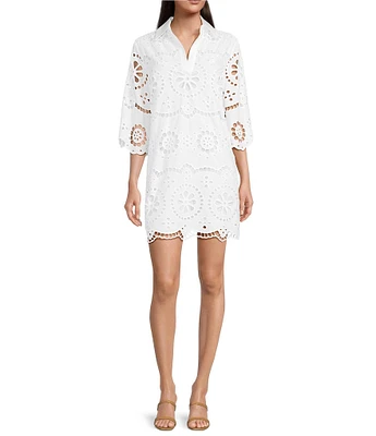 tyler boe Penny Eyelet Point Collar Split V-Neck 3/4 Bell Sleeve Scallop Dress
