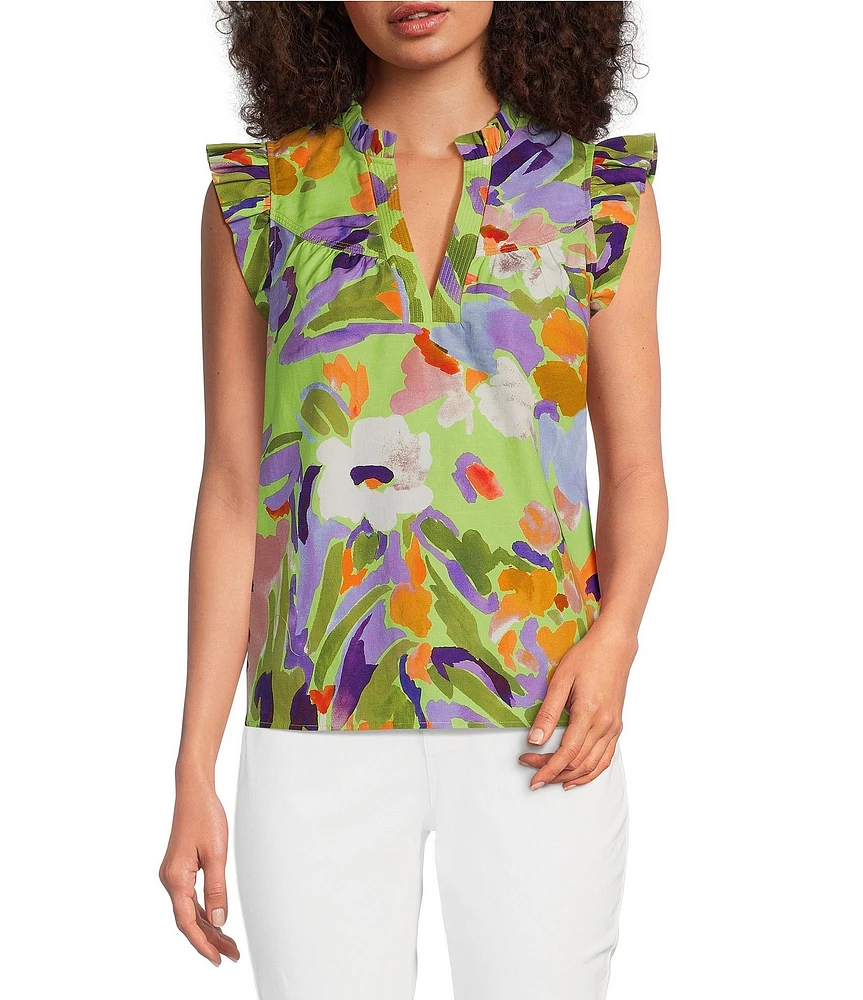 tyler boe Piper Floral Split Ruffle V-Neck Flutter Sleeve Top